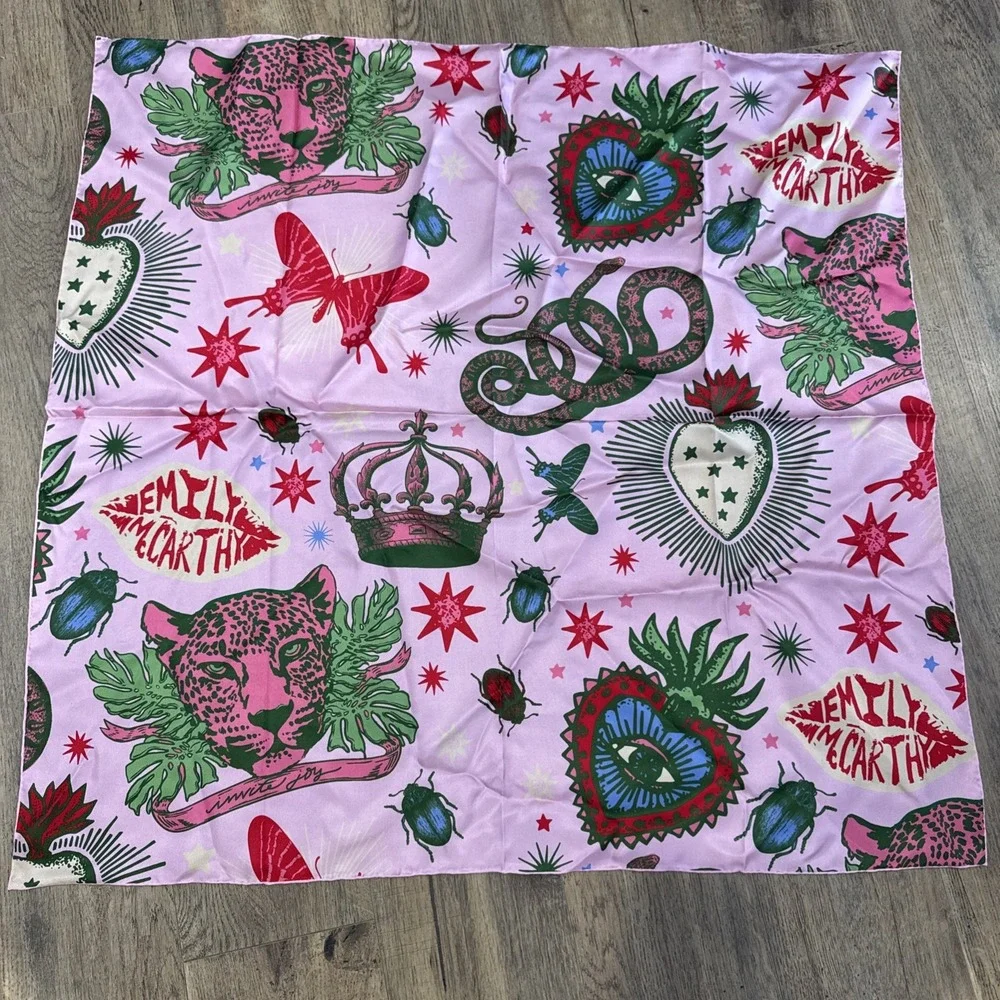 Emily McCarthy Iconic Joy Silk Square Scarf 32x32 Pink Leopard Snake Evil Eye
